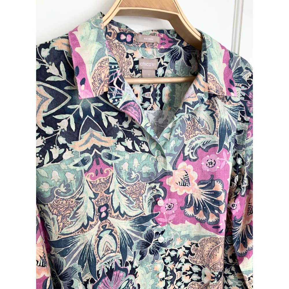 Chicos No-Iron Linen Floral Roll-Tab Shirt 3 (XL 16/18) NWOT Resort Pastel Top - Picture 9 of 16